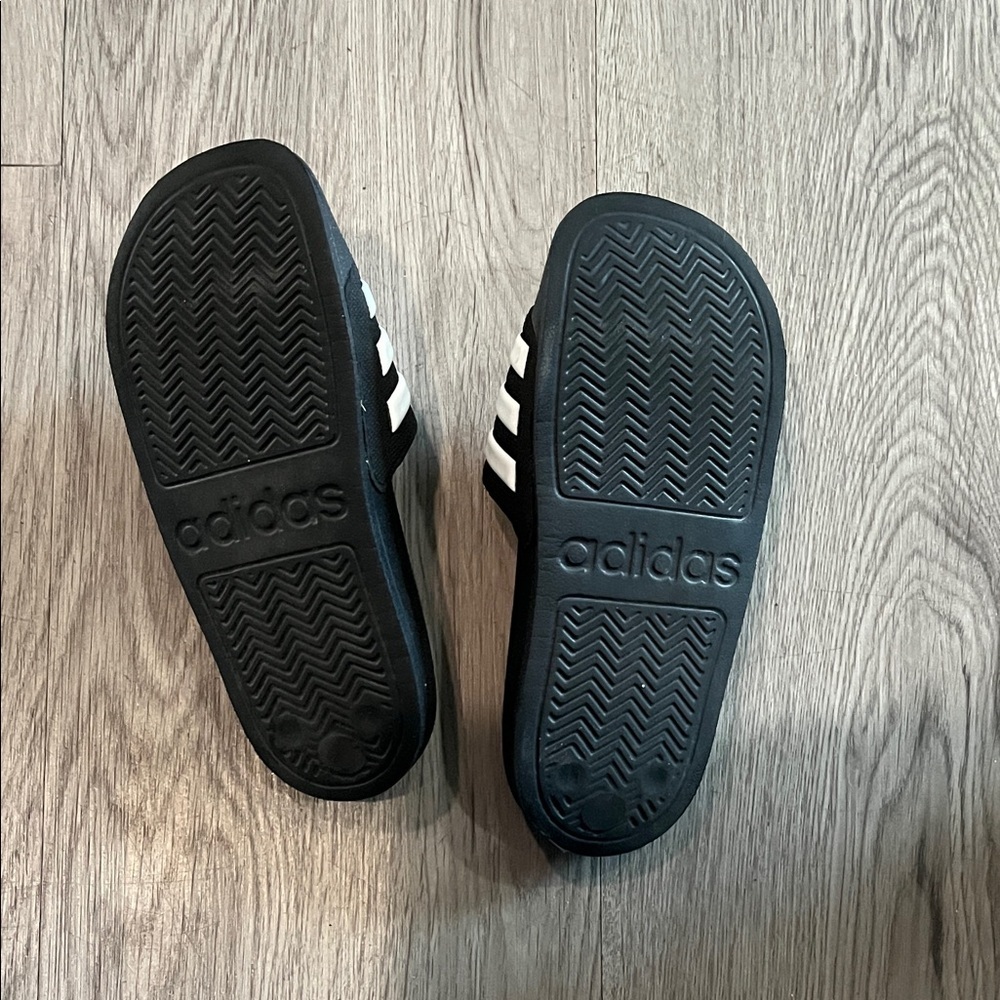 Adidas Black Slides with White Stripes - Picture 2 of 4